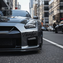 Load image into Gallery viewer, Black Gothic Turbo sticker on JDM street car bumper
