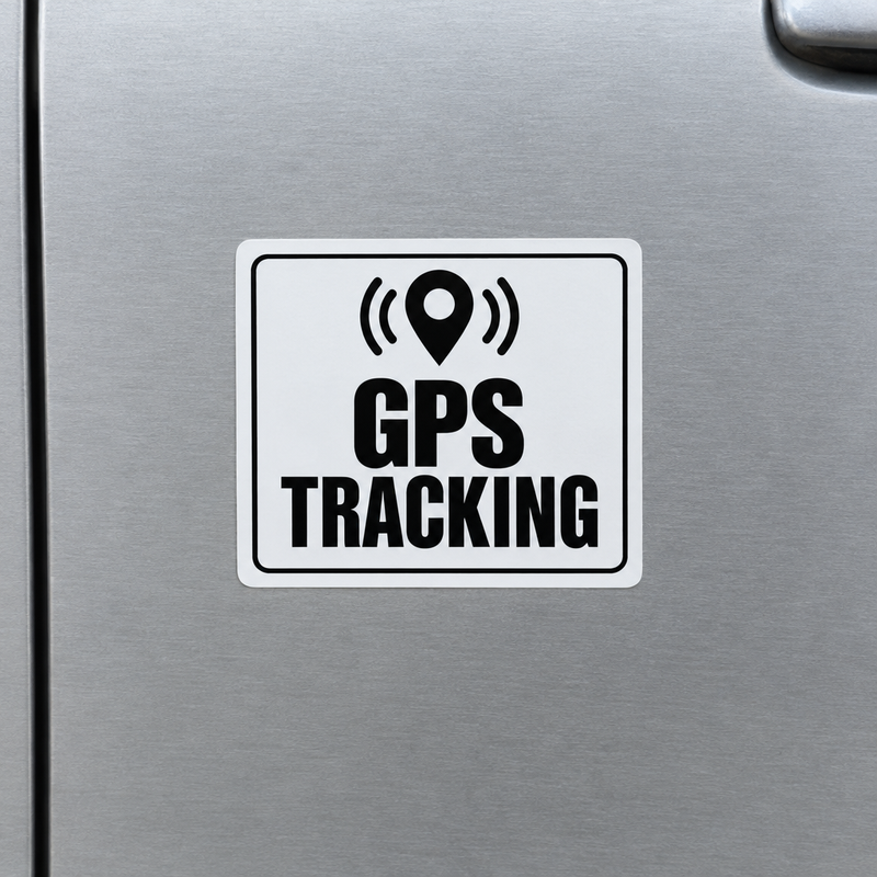 Black-on-white GPS tracking label on a silver door