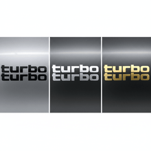 Load image into Gallery viewer, Black, silver and gold solid turbo stickers side by side
