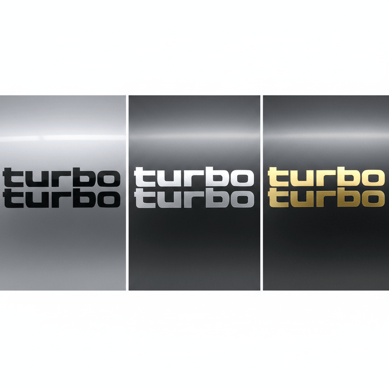 Black, silver and gold solid turbo stickers side by side
