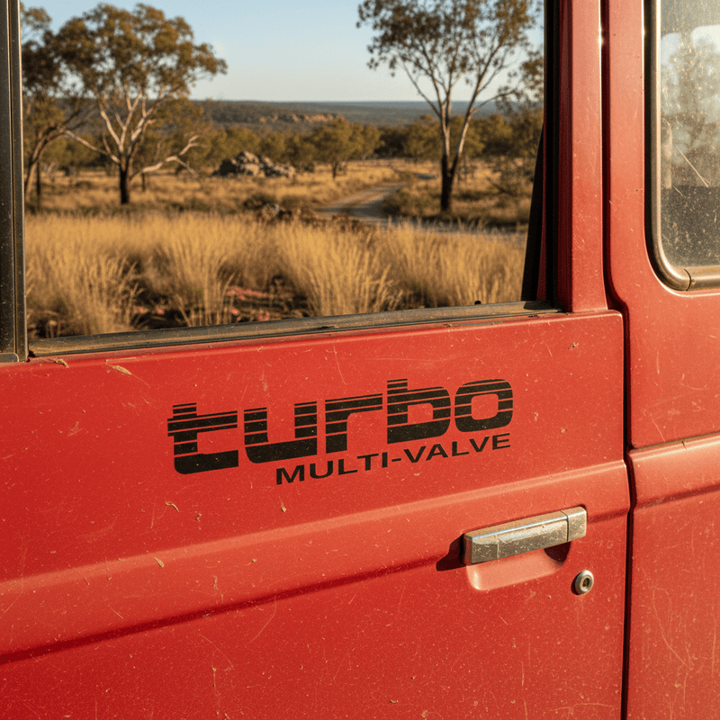 Black Turbo Multi-Valve sticker on 4WD door panel in Australian bush