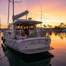 Load image into Gallery viewer, Blue Horizon - motor sailer Queensland sunset
