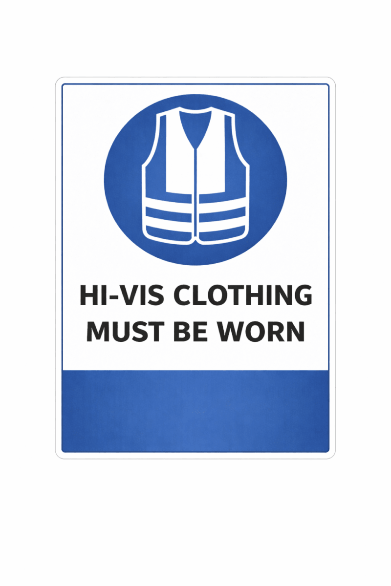 Sign with a blue circle featuring a white safety vest and text 'HI-VIS CLOTHING MUST BE WORN' on a white background.