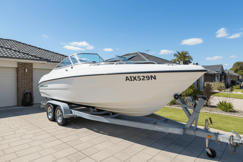 Boat on trailer suburban driveway rego sticker