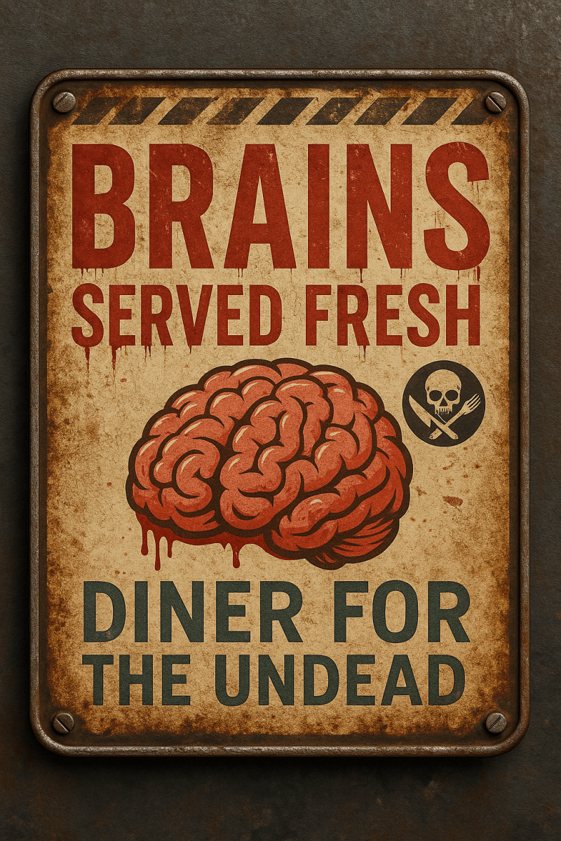 Vintage-style sign with a brain illustration and text on a dark background
