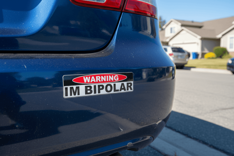 Bumper sticker on car in suburban street bipolar sticker