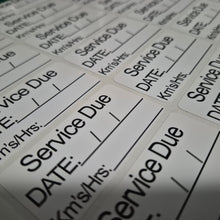 Load image into Gallery viewer, Sheet of car service due labels with fields for date, mileage, and service details.
