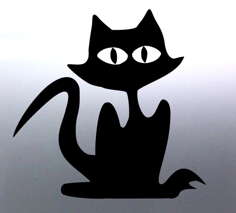 A black silhouette of a cat with a distinctive eye and tail, designed for Halloween decoration.