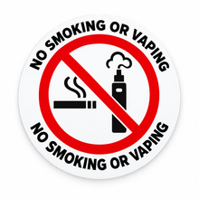Load image into Gallery viewer, Centered No Smoking or Vaping sticker with text on top and bottom

