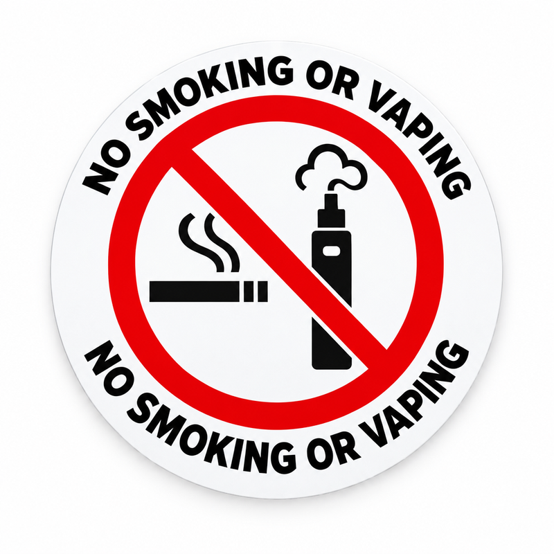Centered No Smoking or Vaping sticker with text on top and bottom
