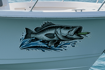 Barra decal on a boat's side with water in the background barramundi sticker 