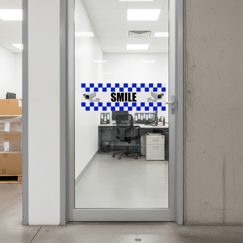 Full 'SMILE You're on Camera' CCTV security STICKER against a clean white background.