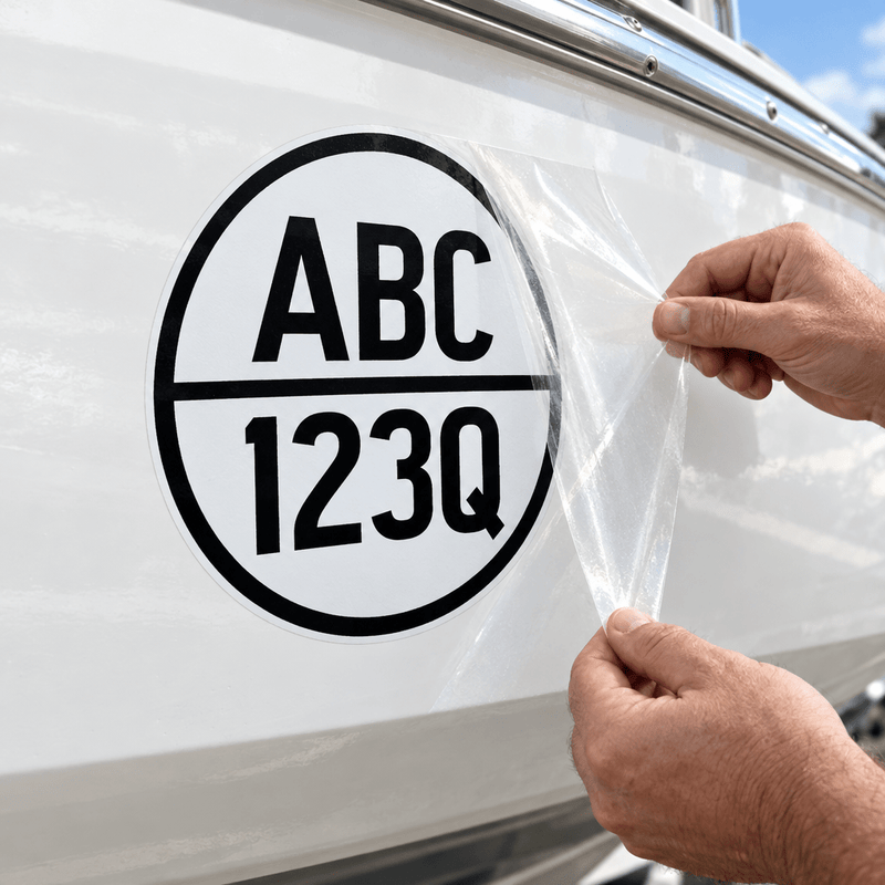 Clear application tape being peeled from a boat registration decal