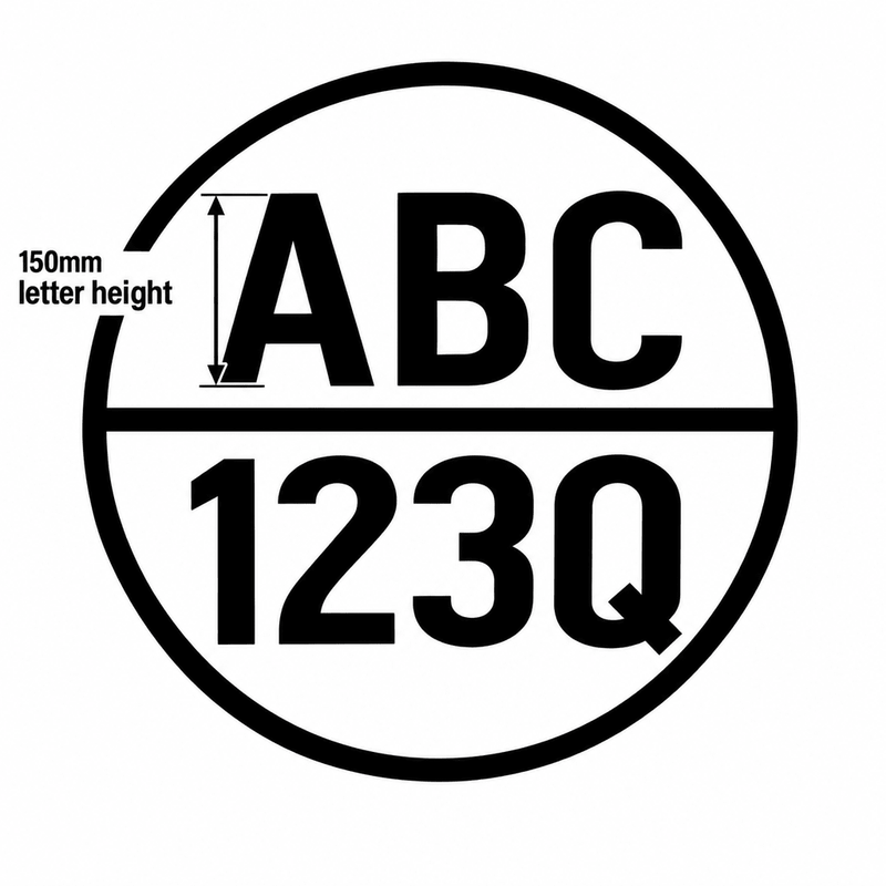 Close-up lettering with a 150mm height annotation