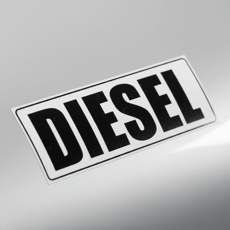 Close-up macro of diesel sticker bold text