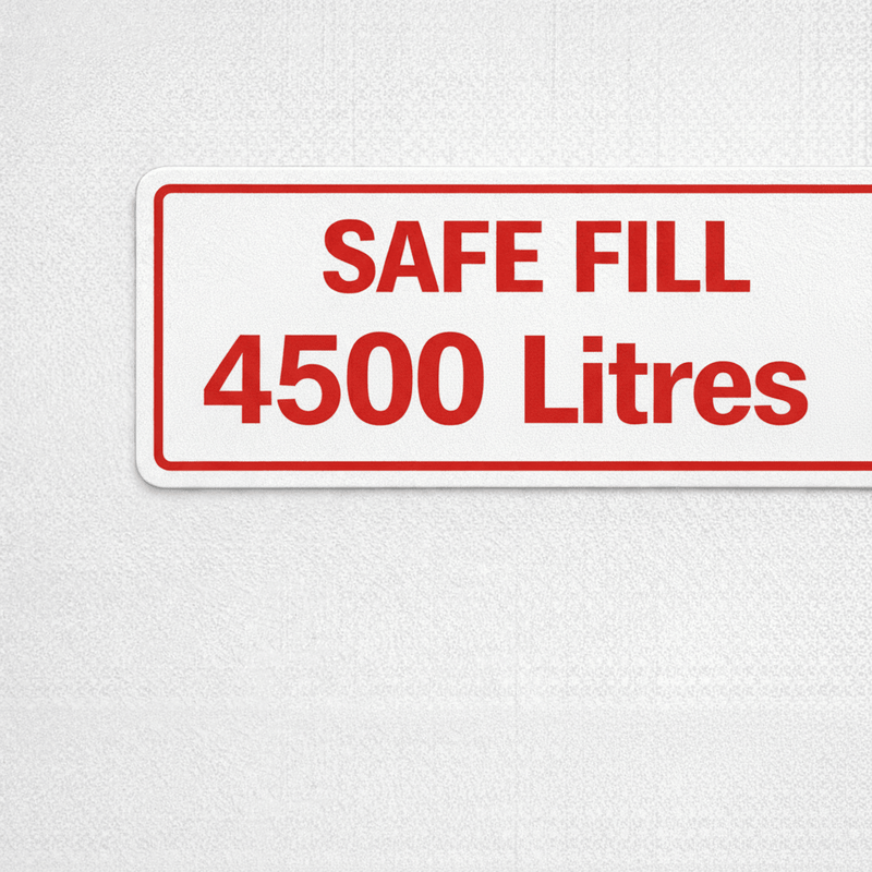 Close-up macro of Safe Fill 4500 Litres bold red text