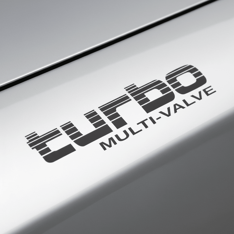 Close-up of black Turbo Multi-Valve vinyl-cut sticker edge detail