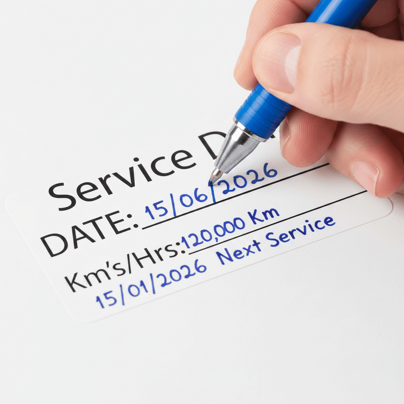 Close-up of sticker with hand physically writing date in ballpoint pen
