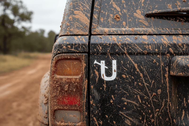 Close-up on muddy tailgate