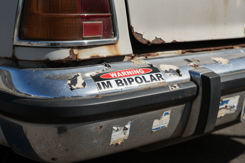 Close-up on weathered bumper bipolar sticker
