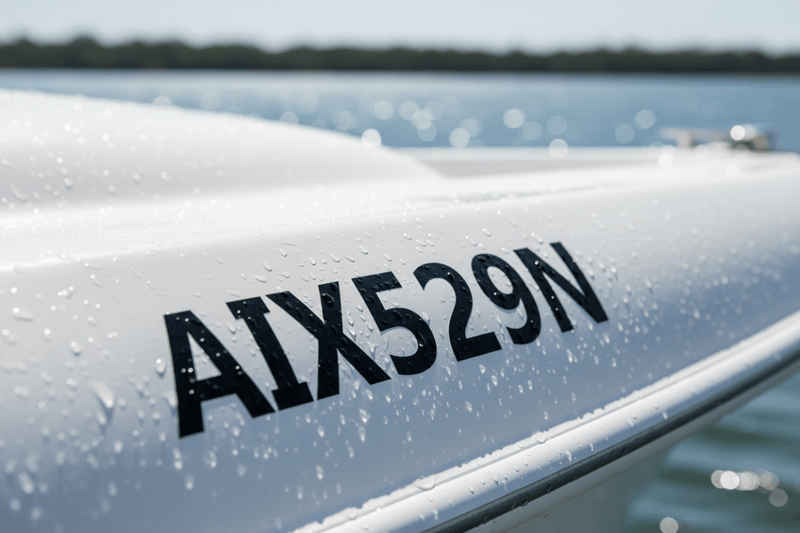 Close-up vinyl rego letters on boat hull