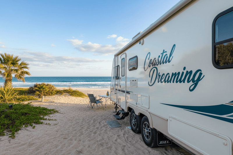Coastal Dreaming - cream fifth wheeler teal decal