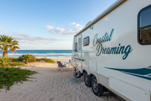 Load image into Gallery viewer, Coastal Dreaming - cream fifth wheeler teal decal
