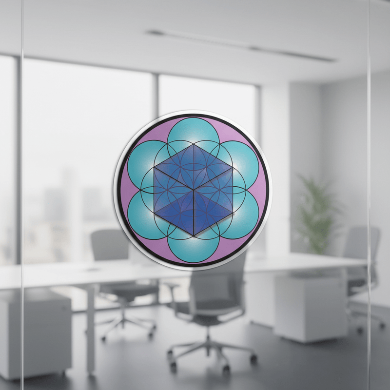 Colourful 3D cube sticker on office glass