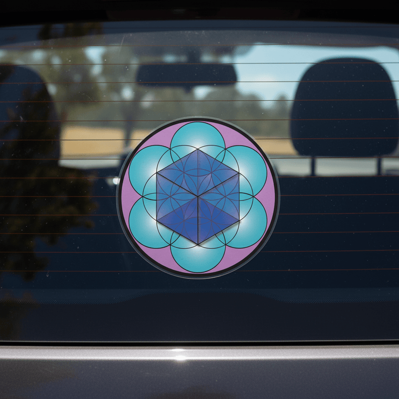 Colourful 3D cube sticker on vehicle window