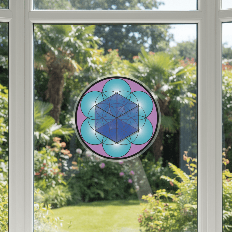 Colourful cube sticker on conservatory window