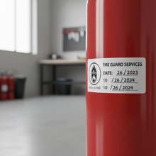 Load image into Gallery viewer, Custom inspection sticker on fire extinguisher with contractor logo and details
