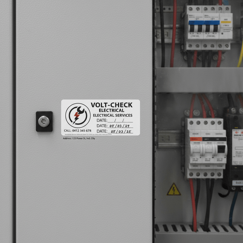 Custom inspection sticker on switchboard with electrical contractor details