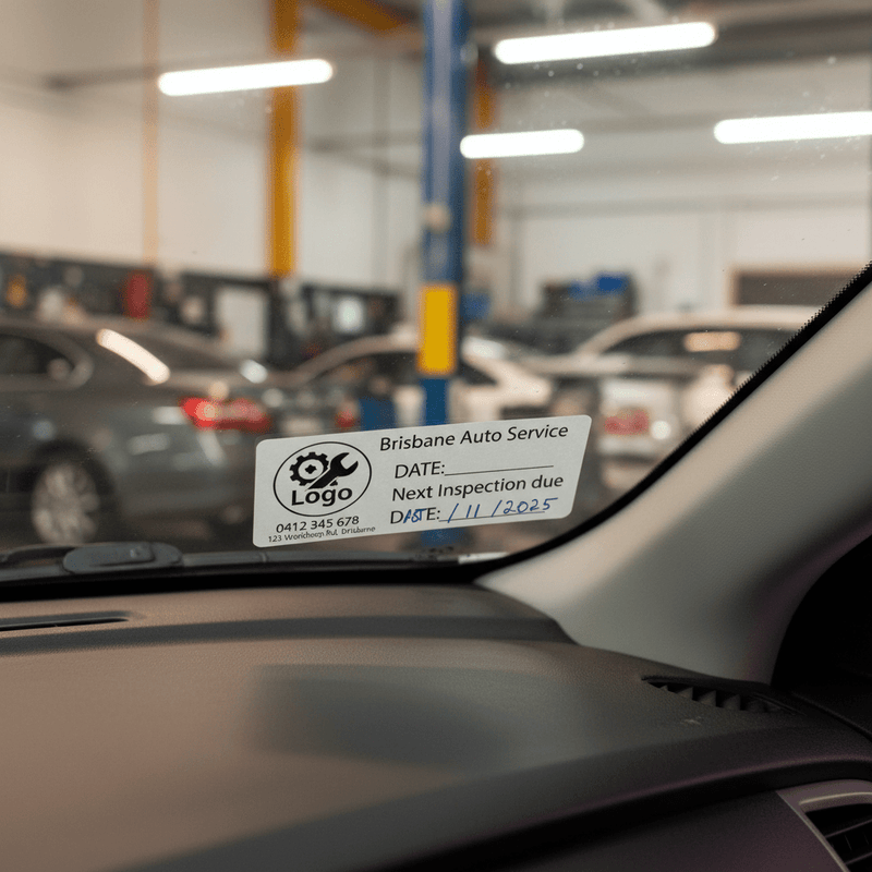 Custom inspection sticker on windscreen with logo business name phone address