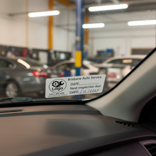 Load image into Gallery viewer, Custom inspection sticker on windscreen with logo business name phone address
