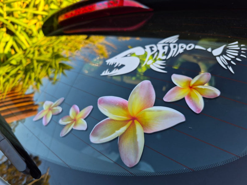 Floral yellow frangipani stickers on a car window with a visible brand logo.