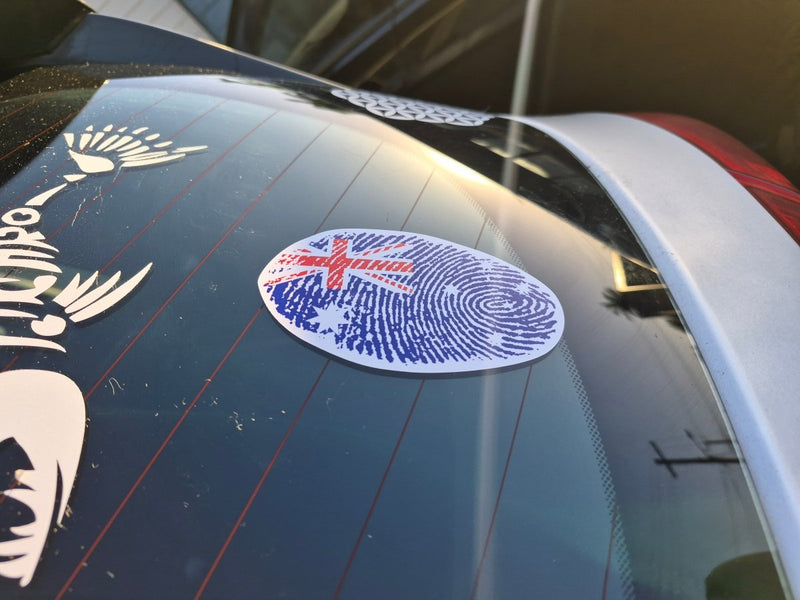 Sticker with fingerprint design on a car window  Australian flag