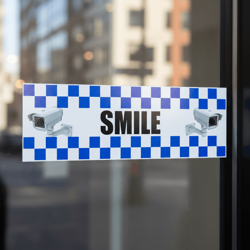 Detailed close-up of the 'SMILE You're on Camera' message and graphic elements on a security STICKER