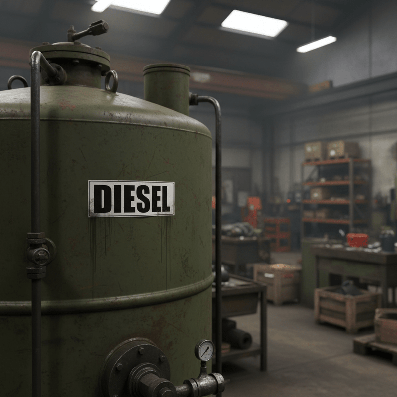 Diesel sticker on industrial generator fuel tank