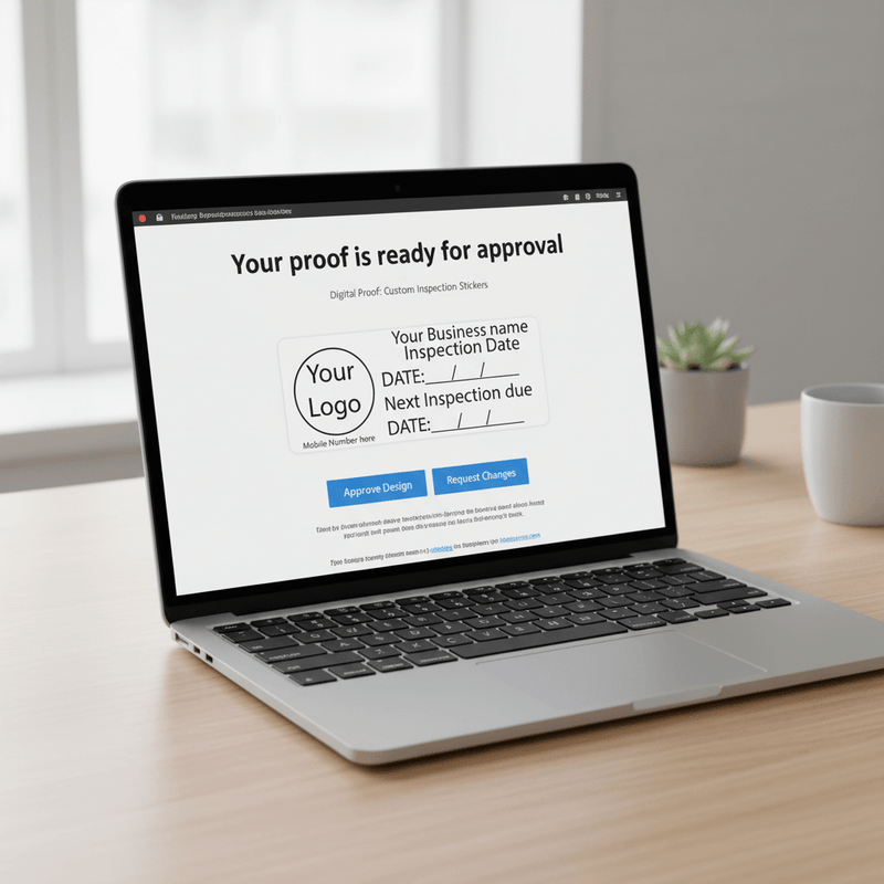 Digital proof email on laptop showing custom sticker design for approval