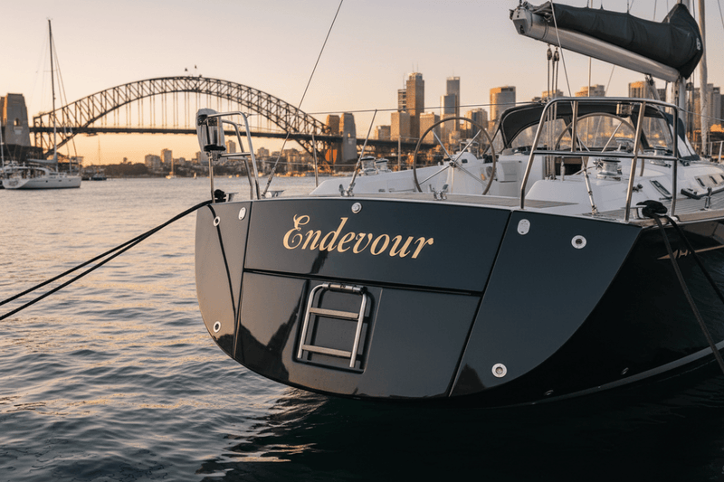 Endeavour - black yacht Sydney Harbour gold decal