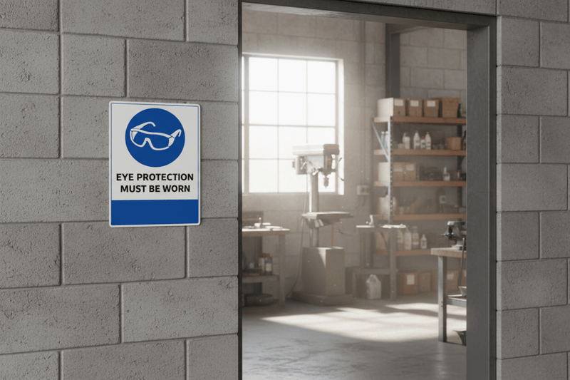 Eye Protection at workshop entrance