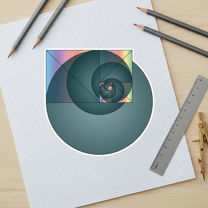 Fibonacci spiral math sticker drafting flat lay