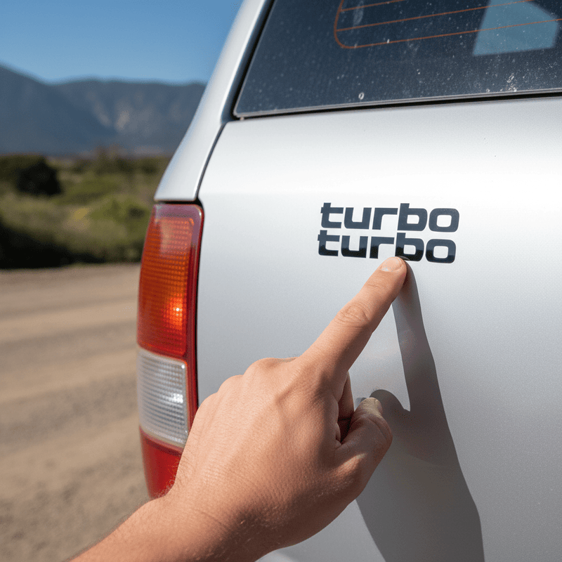 Finger pointing to small black turbo sticker showing 130mm scale