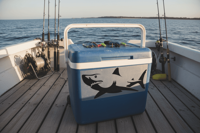 Fishing tackle box / esky on jetty shark sticker