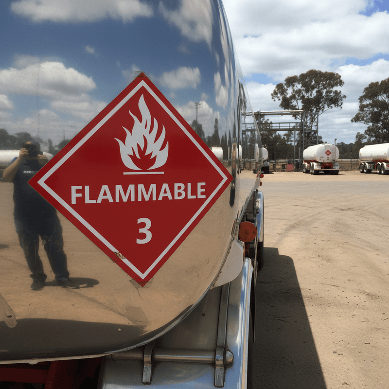 Flammable liquid class 3 sticker on fuel tanker transport vehicle