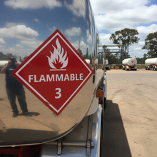 Load image into Gallery viewer, Flammable liquid class 3 sticker on fuel tanker transport vehicle

