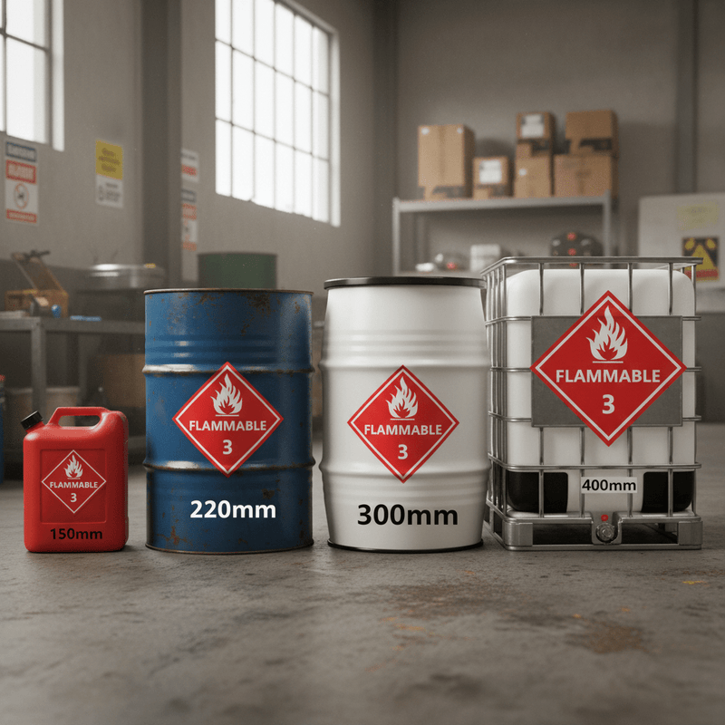 Flammable liquid class 3 sticker size comparison on jerry can drum and IBC