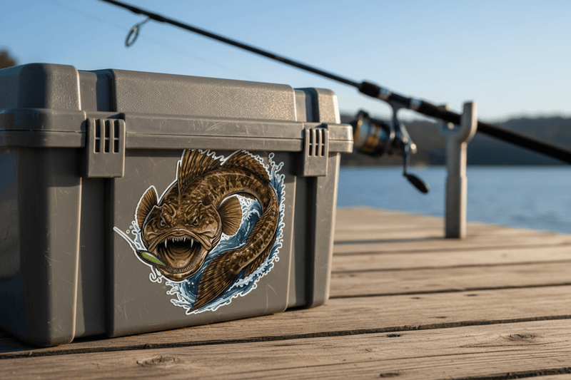 Flathead Fish Sticker on Tackle Box