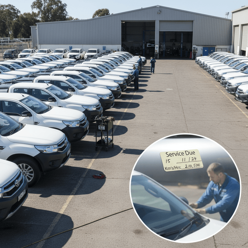 Fleet of white utes in workshop yard with sticker inset