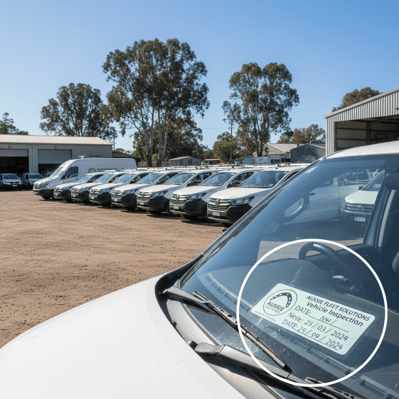Fleet of white work vehicles with custom branded inspection sticker inset